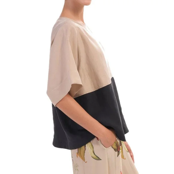 Alembika Belle Linen Tencel Top Size 18 Boxy Oversize Short Sleeve Khaki Black - Picture 6 of 15